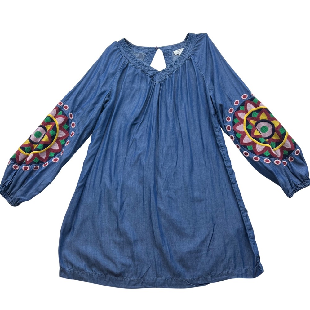 Crown & Ivy Embroidered Sleeve Blouse Womens Med Chambray Boho Tencel V-Neck Top